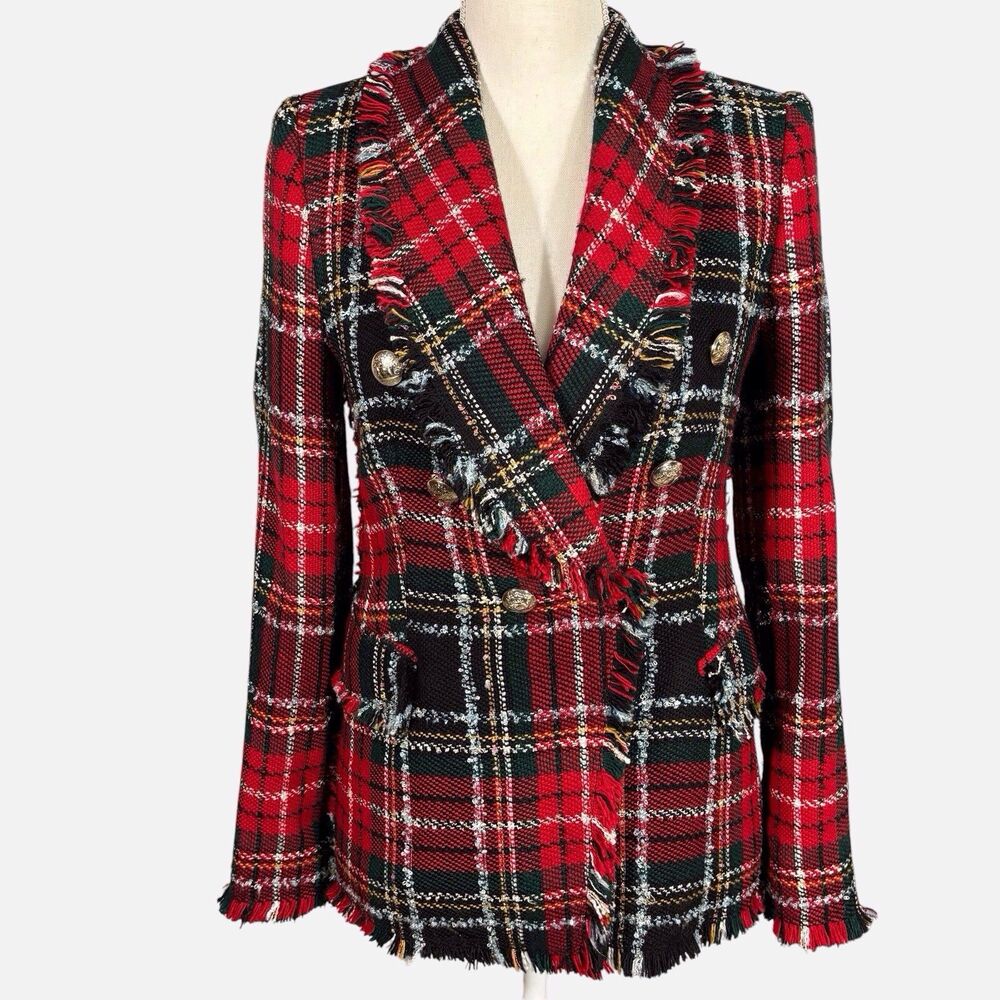 Zara Woman Tartan Plaid Double Breasted Tweed Blazer Small Academia Red Black
